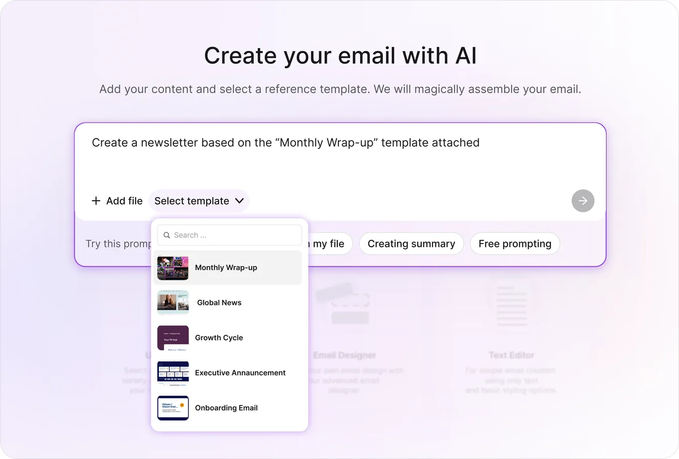 Staffbase "Create your email with AI" tool showing a template selection dropdown including Monthly Wrap-up and Global News designs.