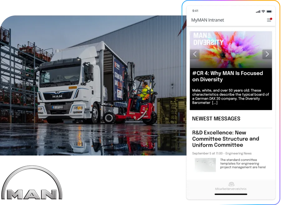 A MAN truck and forklift outside a warehouse, with a smartphone displaying the MAN intranet interface focusing on diversity.