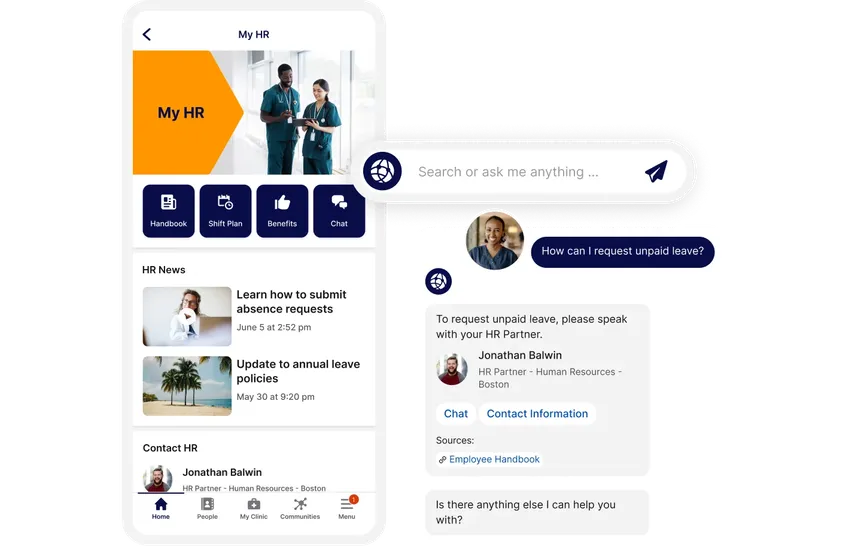 HR app interface showing leave request options, contact info, and a chat feature for employee queries.