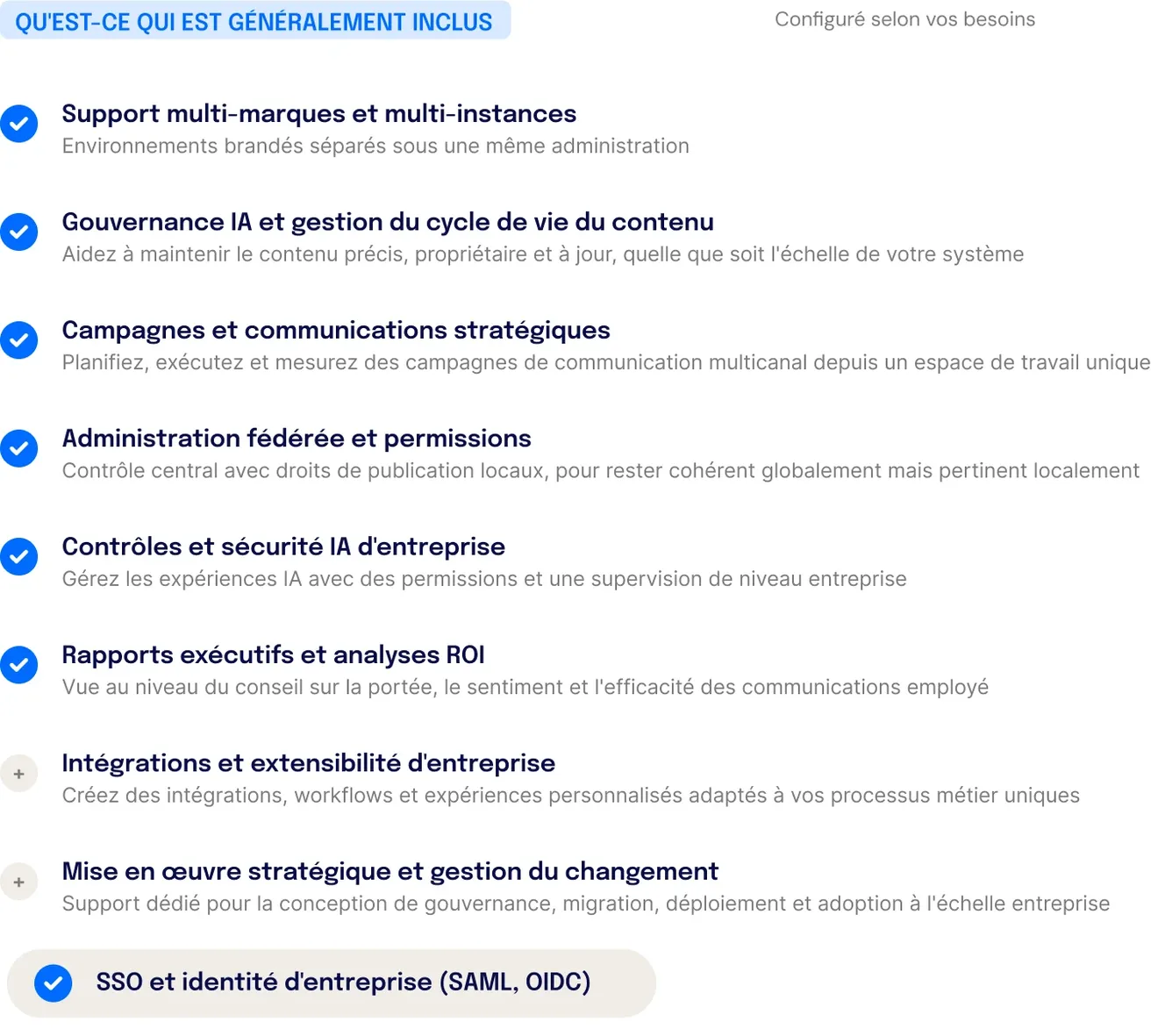 Tableau des fonctionnalités de la plateforme Staffbase : expérience unifiée intranet et application mobile, création de contenu ciblée par audience et localisation, assistant de connaissances IA, personnalisation basée sur les données de profil, intégration HRIS (Workday, SAP SuccessFactors), analyses intelligentes, intégration Microsoft (SharePoint, Teams, Copilot) et communication email interne.