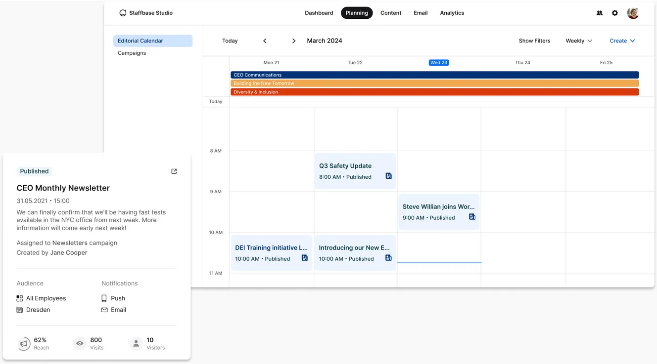A digital planning calendar showing scheduled events, including a CEO newsletter and various initiatives, with a sidebar detailing the newsletter.