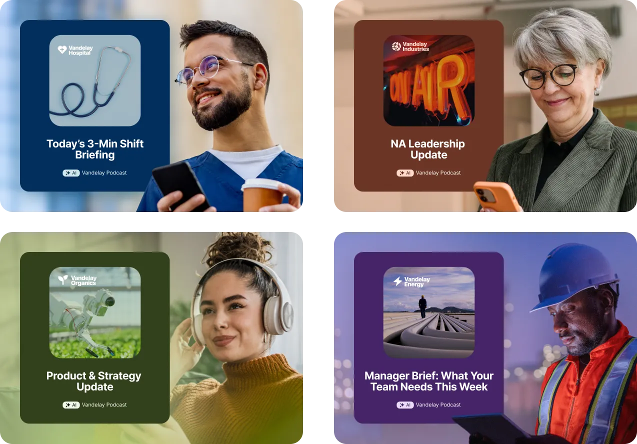 Four diverse professionals engaged with personalized Workday podcasts on different topics: shift briefing, leadership, product updates, and team management.