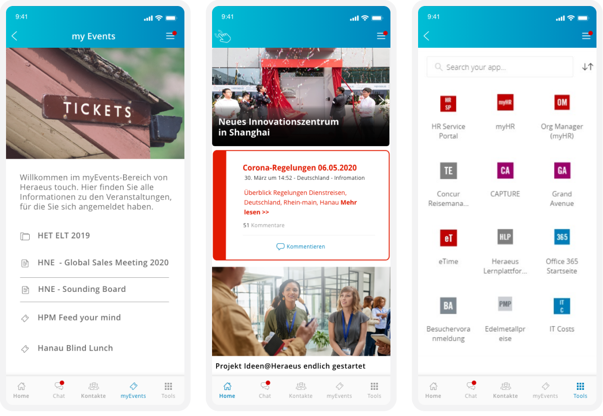 Three smartphone screens showing an event app with a ticket image, news updates, and a list of services with icons. It's an employee app with a lot of features.