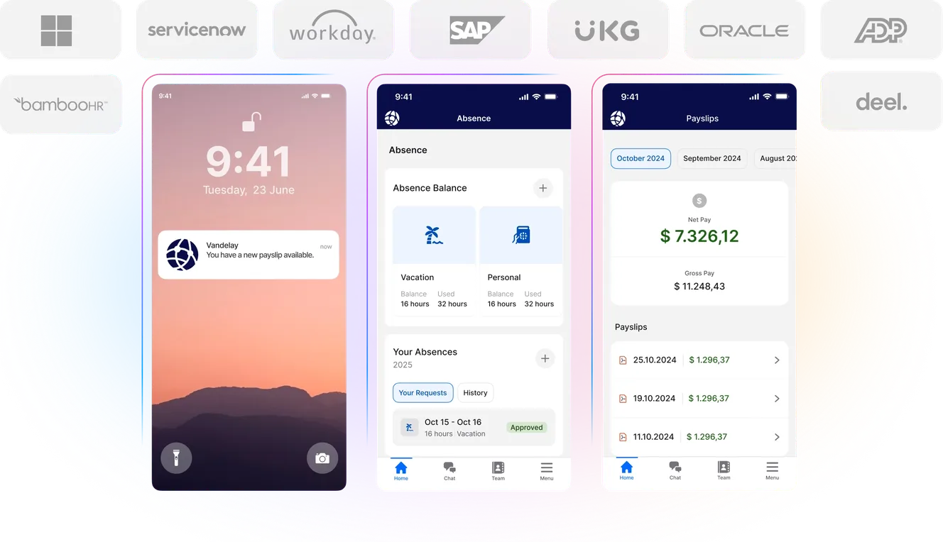 Mobile app interface showing a lock screen, absence balance, and payslip details, with company logos above and a colorful background.