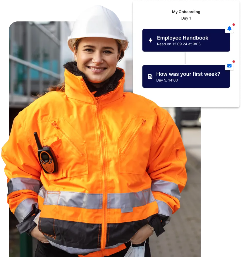Smiling worker in orange safety gear and hard hat stands outside. Overlay shows onboarding schedule with tasks like reading the employee handbook.