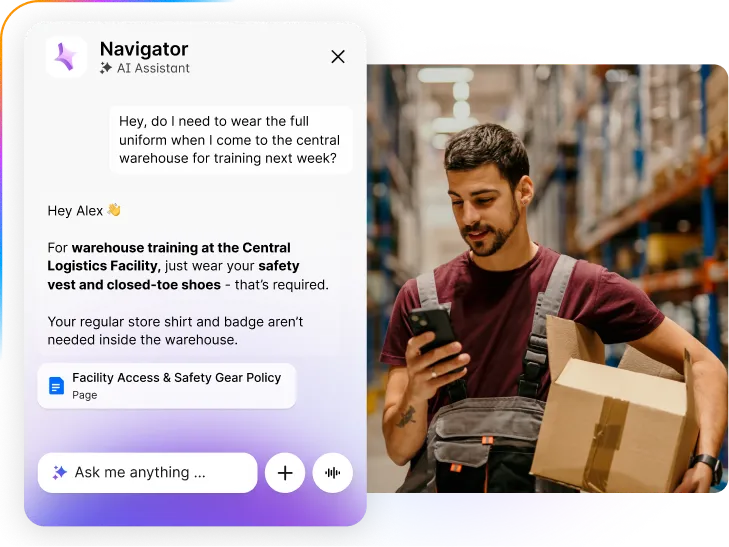 AI assistant chat next to man in a warehouse holding a box and phone. Chat advises on safety gear for warehouse training.