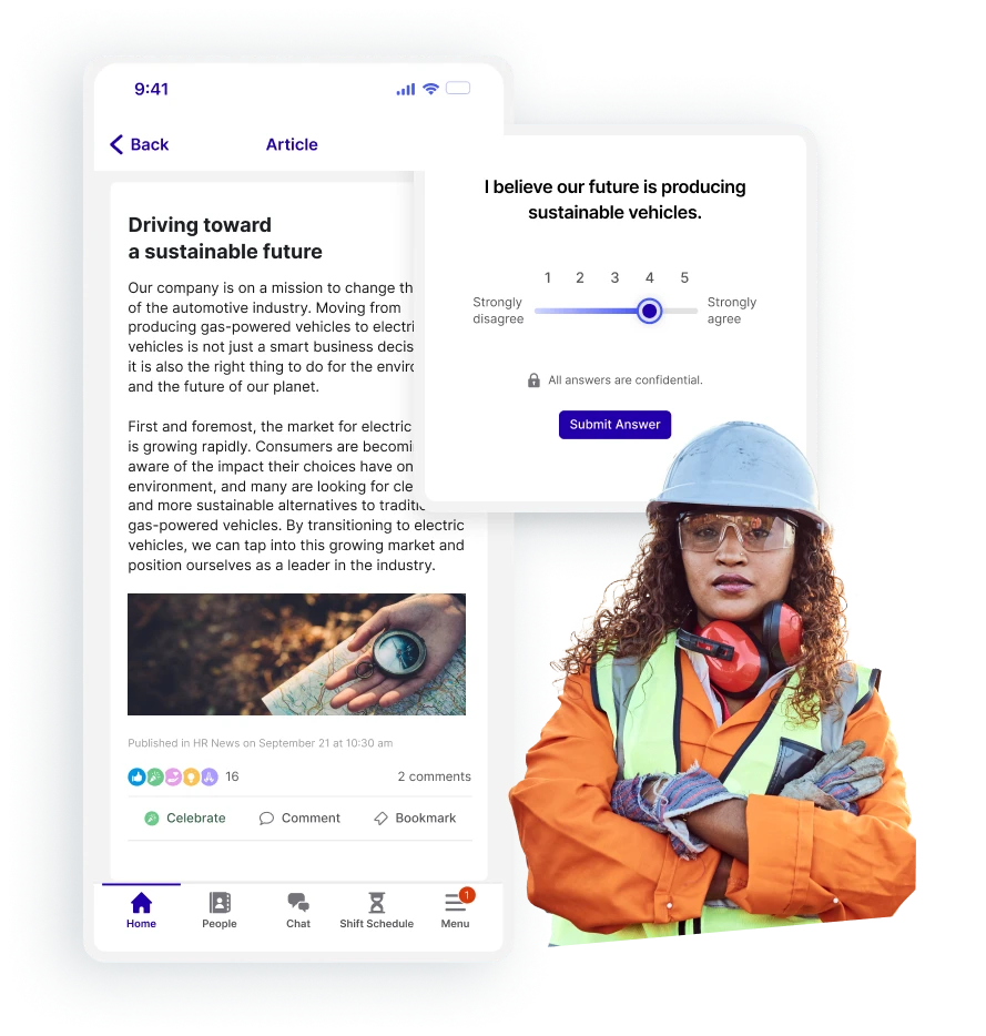 A woman in a hard hat and safety gear stands beside a smartphone displaying a survey about sustainable vehicles.