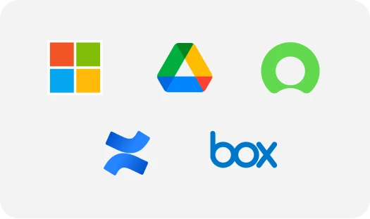 Logos of Microsoft, Google Drive, ServiceNow, Confluence, and Box on a light gray background.