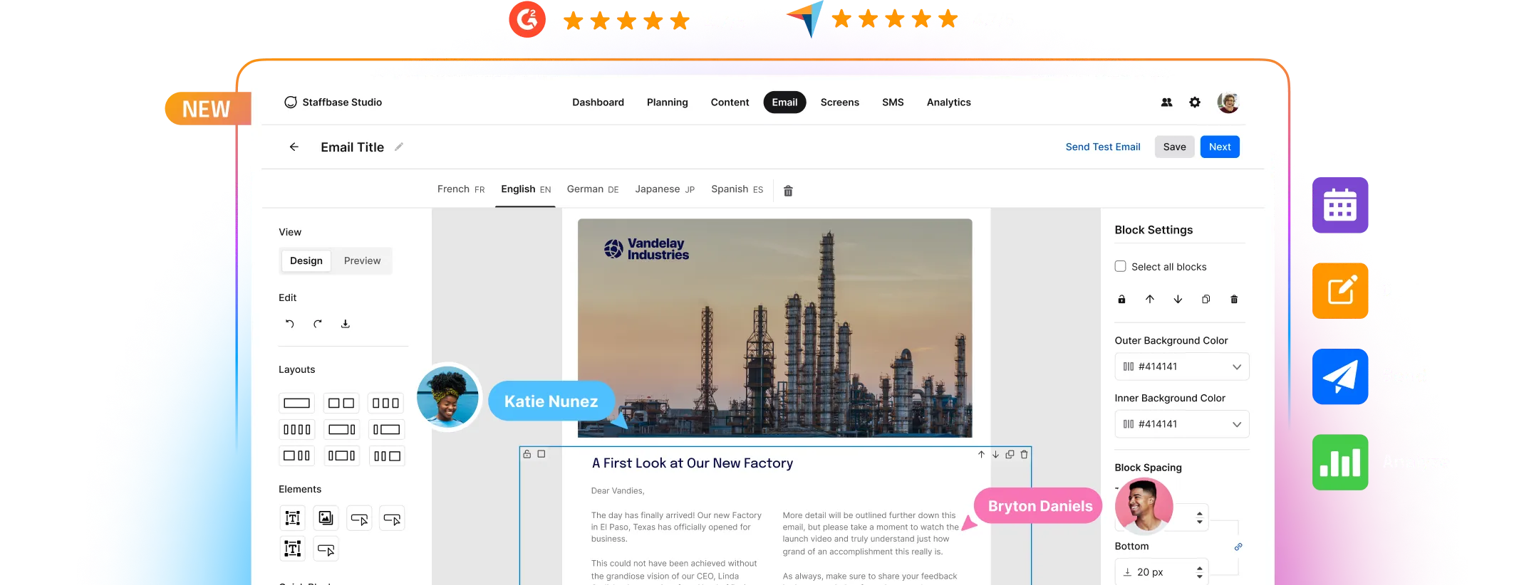 Email design software interface showing a factory-themed email template with customization options on the right panel.