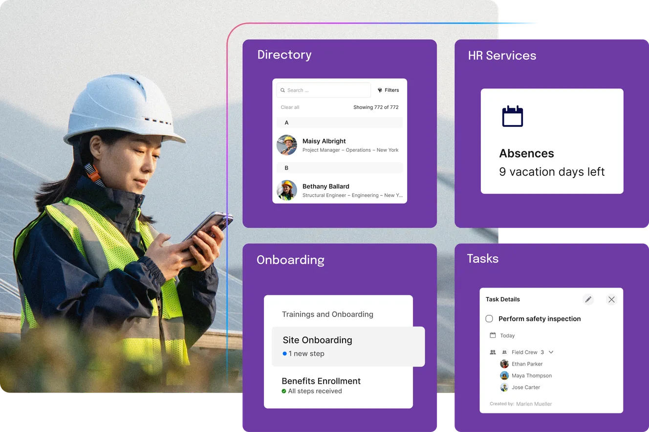 Worker in a hard hat and high-vis vest looks down at a phone, with app feature tiles shown beside her for Directory, HR Services (Absences), Onboarding, and Tasks