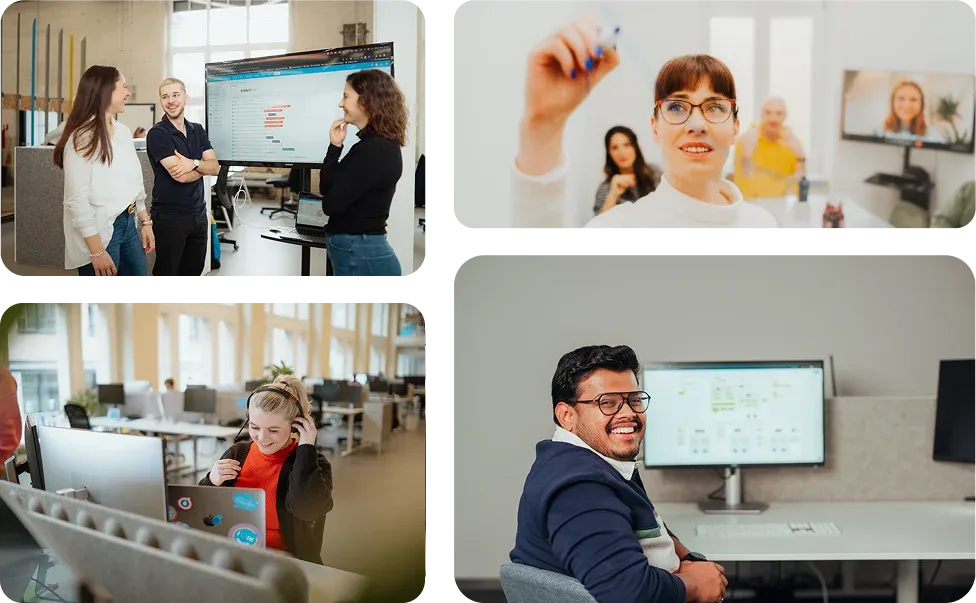 Collage of Staffbase team moments including colleagues with a dog, a laptop meeting, a team huddle, and colleagues chatting at a desk.