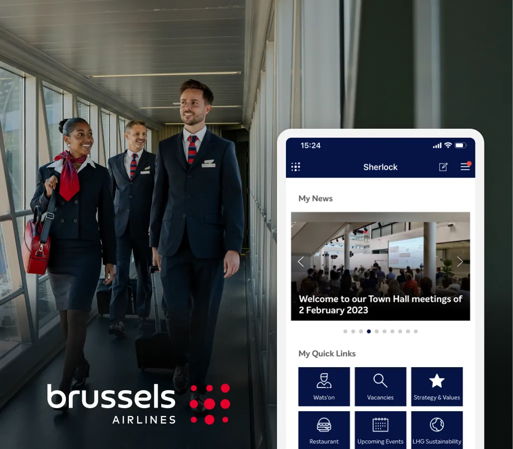 Brussels Airlines crew walking in an airport with a mobile app interface displayed on the right, featuring news and quick links.