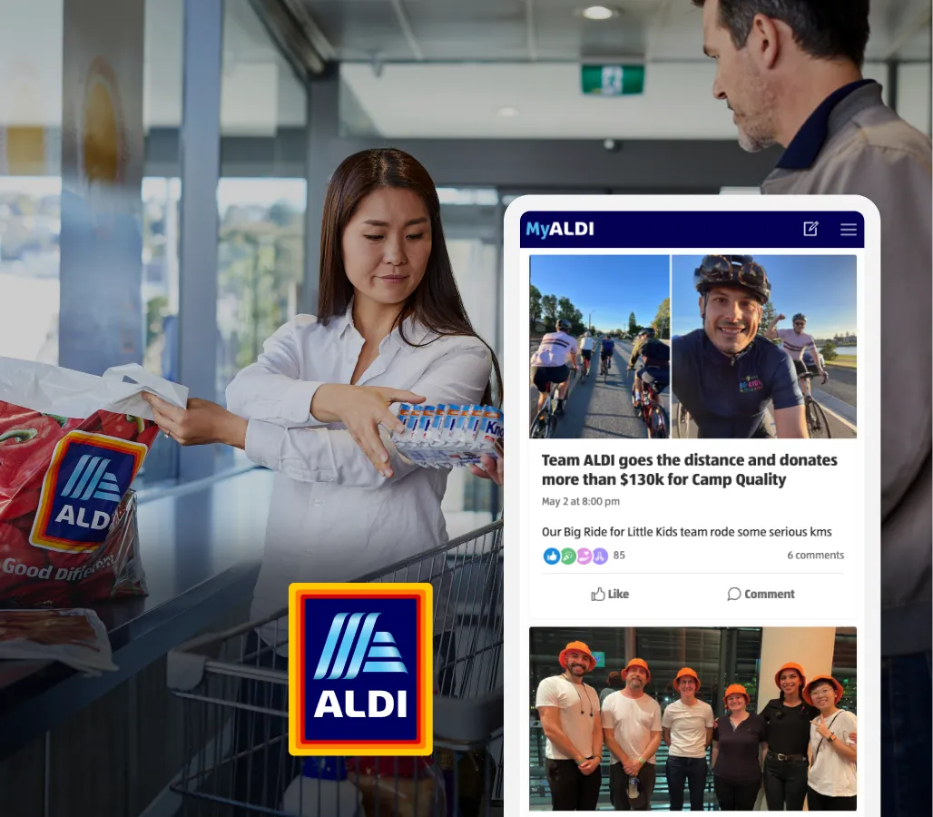 A woman scans groceries at an ALDI checkout. Inset shows a MyALDI post about a charity bike ride, with cyclists and participants in costumes.
