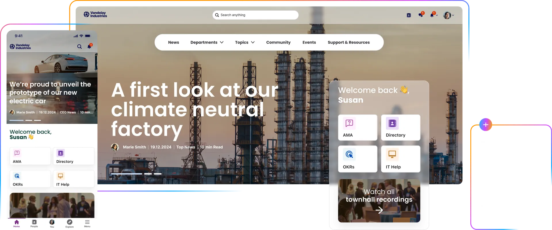 Responsive website design showcasing a climate neutral factory, with navigation menus and communication options like Email, SMS, and Microsoft 365.