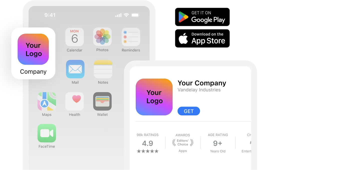 App store download page showing a company app with a 4.9-star rating and "Get" button, alongside Google Play and Apple Store logos.