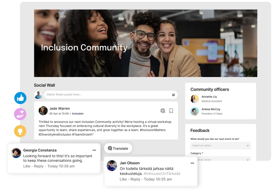 People smiling in an online community platform interface, with social wall posts and community officer details visible.