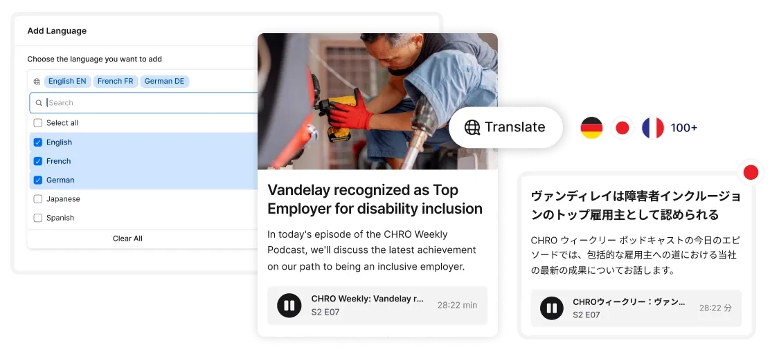 Interface showing language selection and translation features alongside audio content about a top employer for disability inclusion.