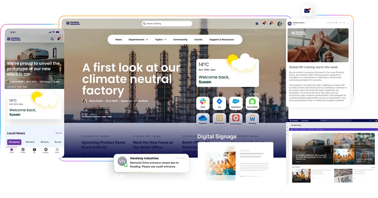 A digital dashboard displaying weather, news, and apps, with a factory background and various widgets for updates and notifications.