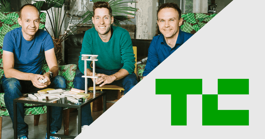 The Staffbase founders, Lutz, Martin, Frank on the left and the TechCrunch logo on the right