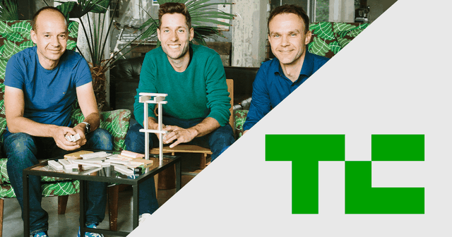 The Staffbase founders, Lutz, Martin, Frank on the left and the TechCrunch logo on the right