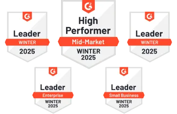 Five G2 badges for Winter 2025: High Performer Mid-Market, Leader Enterprise, Leader Small Business, and two Leader badges.