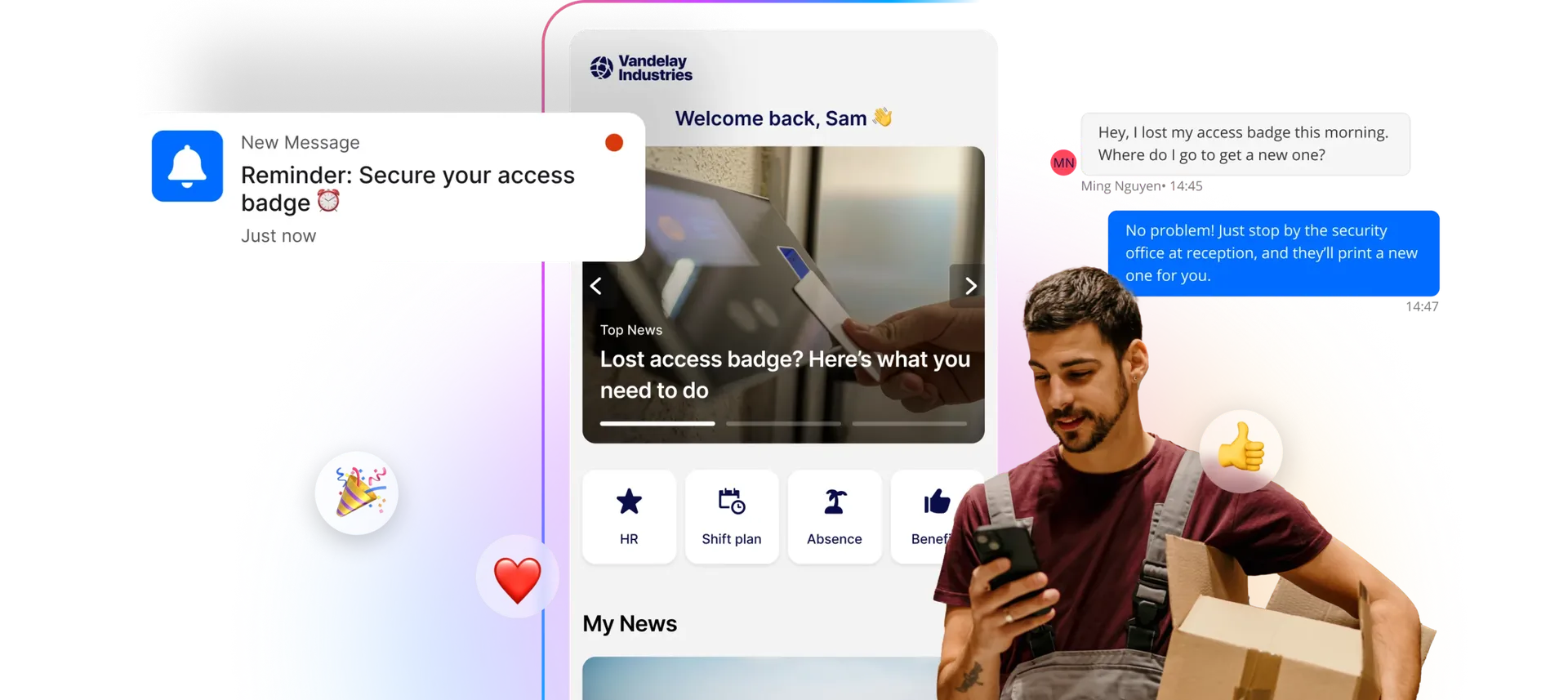 A worker checks his phone while holding a box. A digital interface shows messages about securing and replacing a lost access badge.