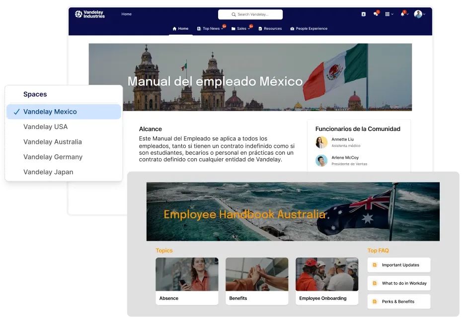 Employee handbooks for Mexico and Australia shown on a website interface, with a dropdown menu listing Vandelay offices in various countries.