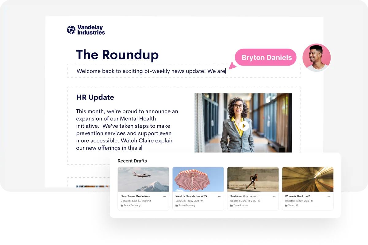 Email newsletter titled "The Roundup" with HR update, a photo of a smiling person, and a section for recent drafts at the bottom.