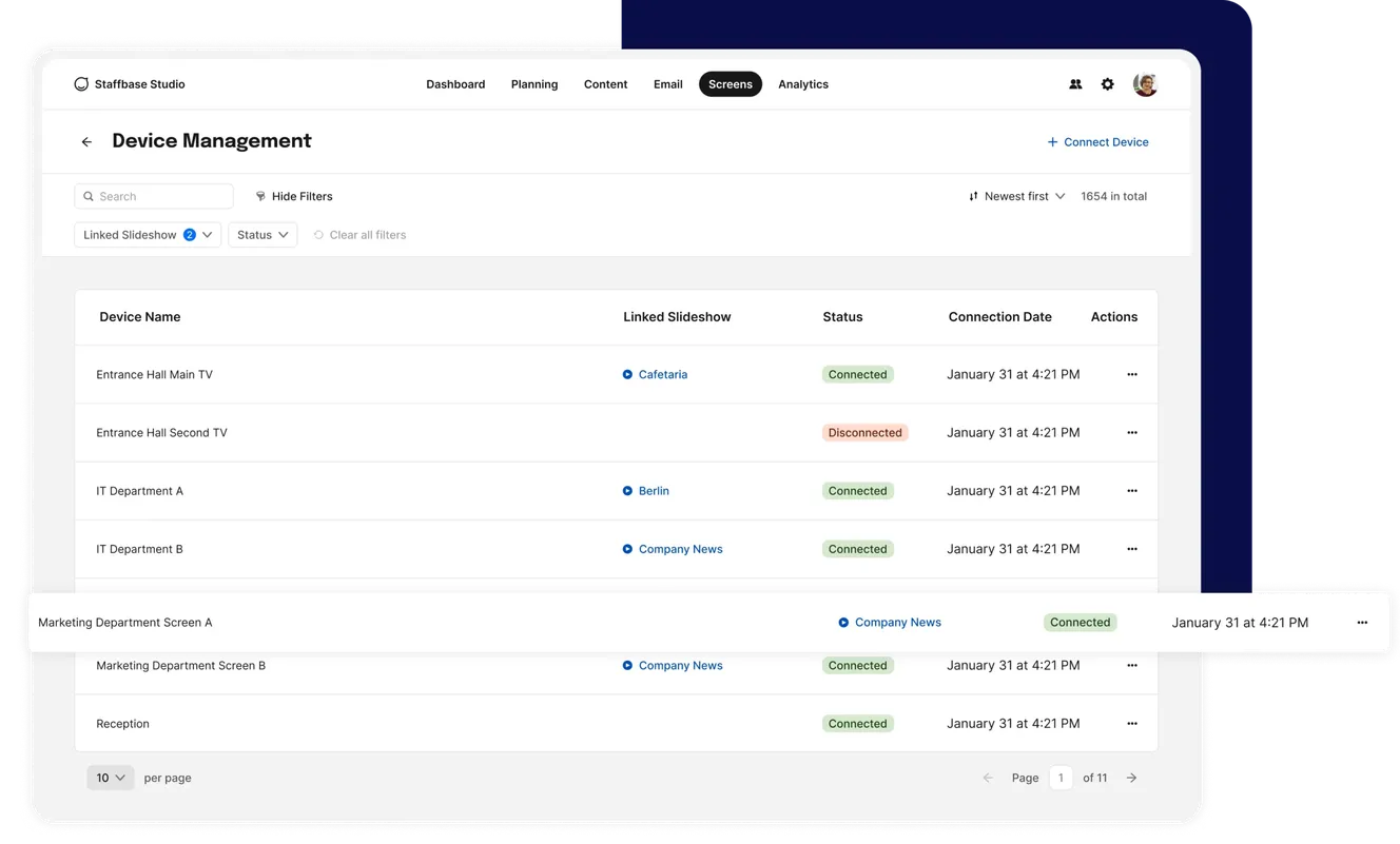 Device management dashboard showing a list of devices, their connection status, and last connection dates, with a highlighted entry on January 31.