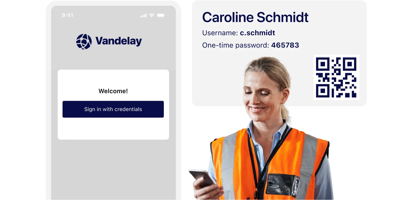 Smartphone showing Vandelay login screen beside a woman in an orange vest holding a phone. ID card displays username, one-time password, and QR code.