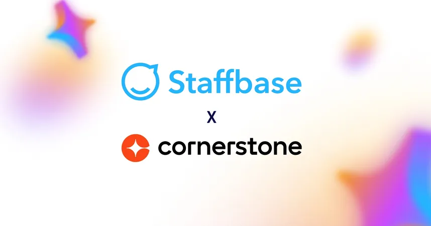 Logos of Staffbase and Cornerstone with the word "x" between them, set against a colorful, abstract background.