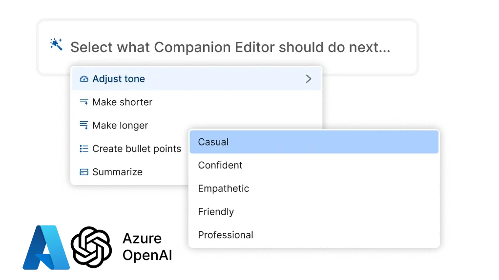 Dropdown menu titled "Adjust tone" with options: Casual, Confident, Empathetic, Friendly, and Professional.