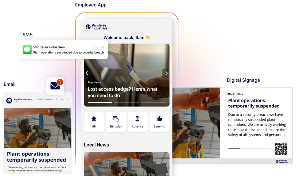 Mobile and desktop screens showing a security breach alert from Vandelay Industries, with a focus on plant operations suspension.