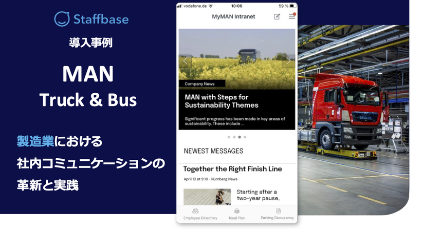 Staffbase presentation slide showing a mobile app interface for MAN Truck & Bus, with a red truck in a factory setting.