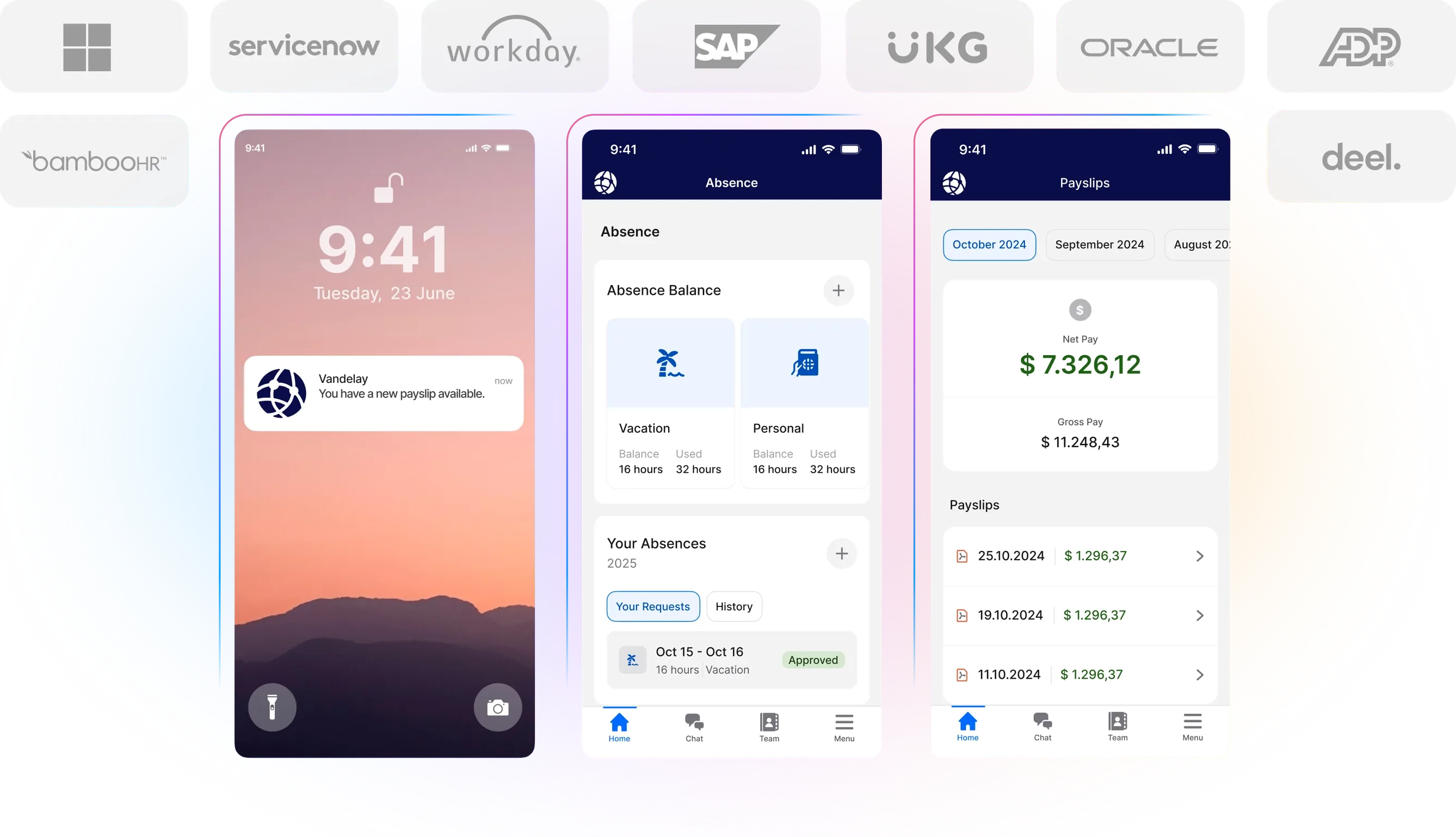 A smartphone displaying a finance app with screens for notifications, absence tracking, and payslips, surrounded by logos of various companies.