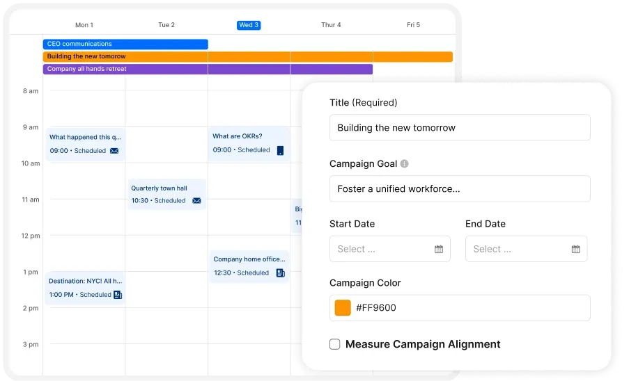 Digital calendar with events scheduled. A pop-up shows details for "Building the new tomorrow," including campaign goal and color selection.