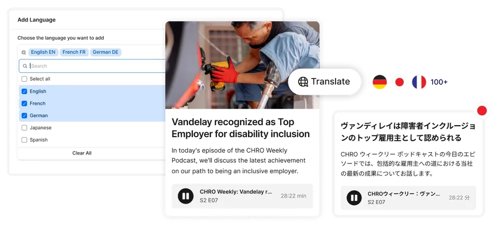 Interface showing language selection and translation features alongside audio content about a top employer for disability inclusion.