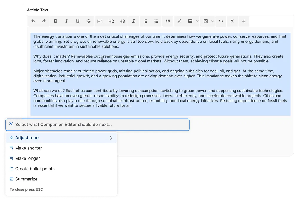 A text editor interface displaying an article draft about the energy transition, with options for editing and adjusting text.
