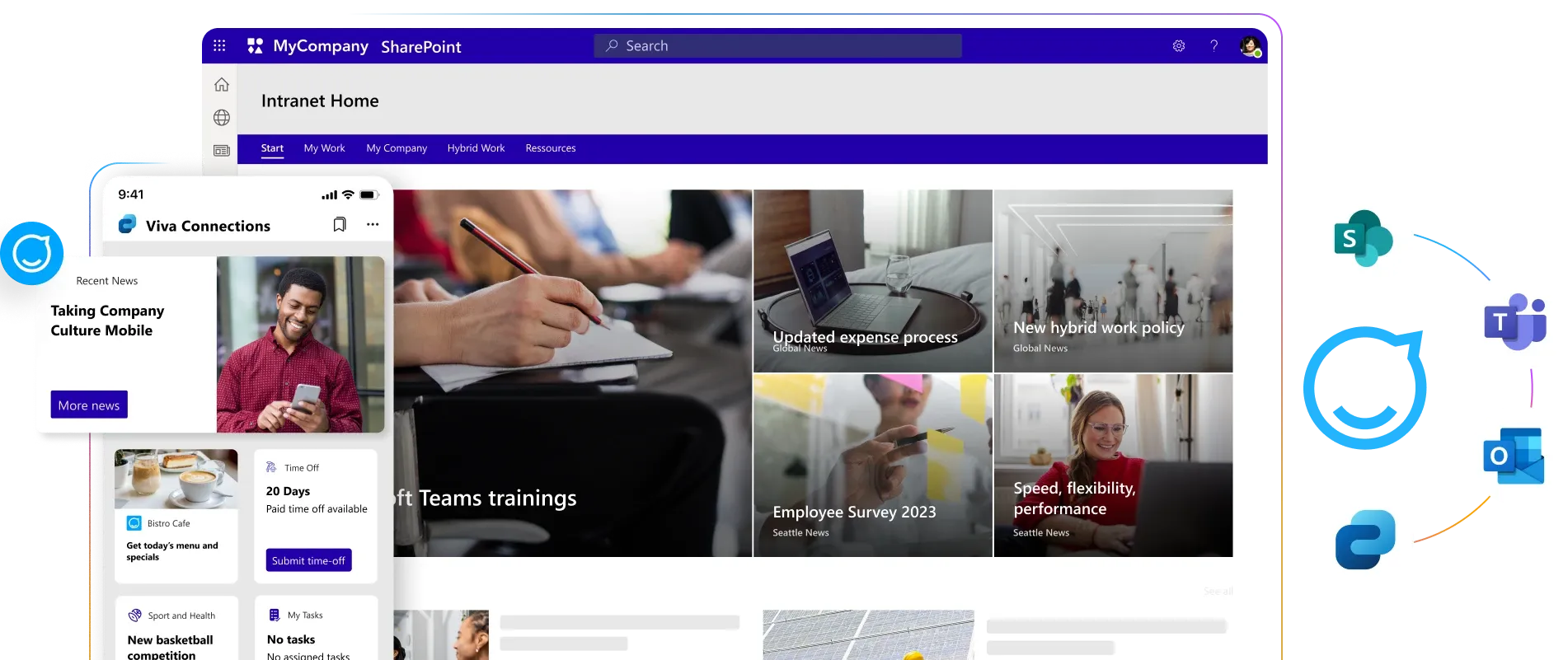 A SharePoint intranet homepage displaying news articles, a Teams training section, and a Viva Connections sidebar with recent news.