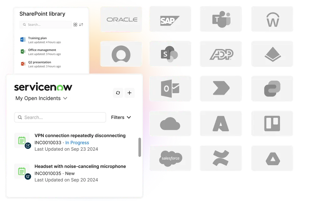 Interface showing various app icons like SharePoint, Oracle, SAP, and ServiceNow. ServiceNow lists two open incidents with status updates.