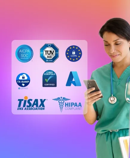 A healthcare professional checks her phone next to logos of various certifications, including HIPAA and GDPR, on a gradient background.