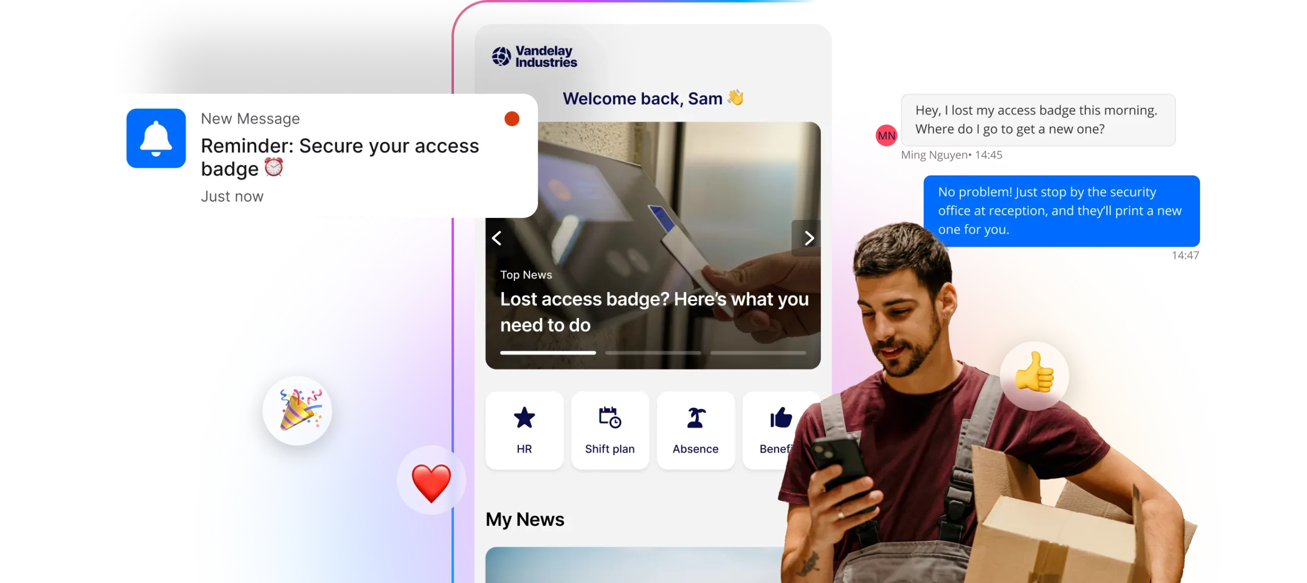 A worker checks his phone while holding a box. A digital interface shows messages about securing and replacing a lost access badge.
