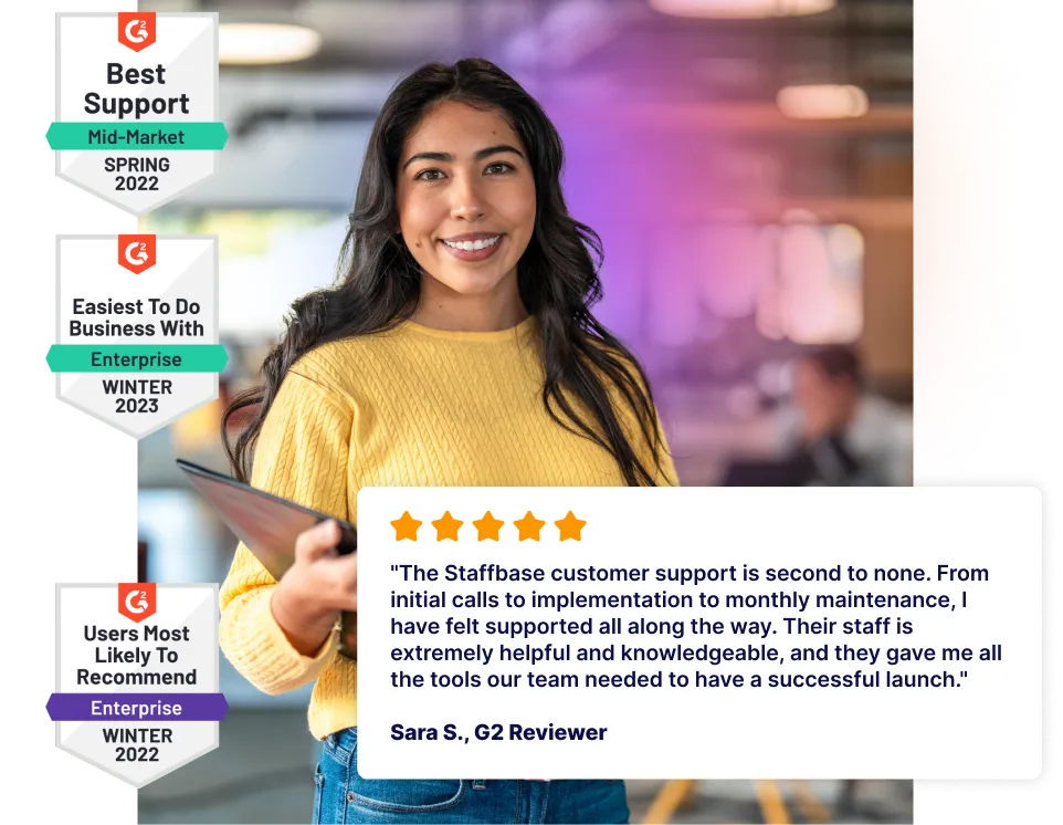 Smiling woman in a yellow sweater holding a tablet, with award badges and a positive customer review displayed beside her.