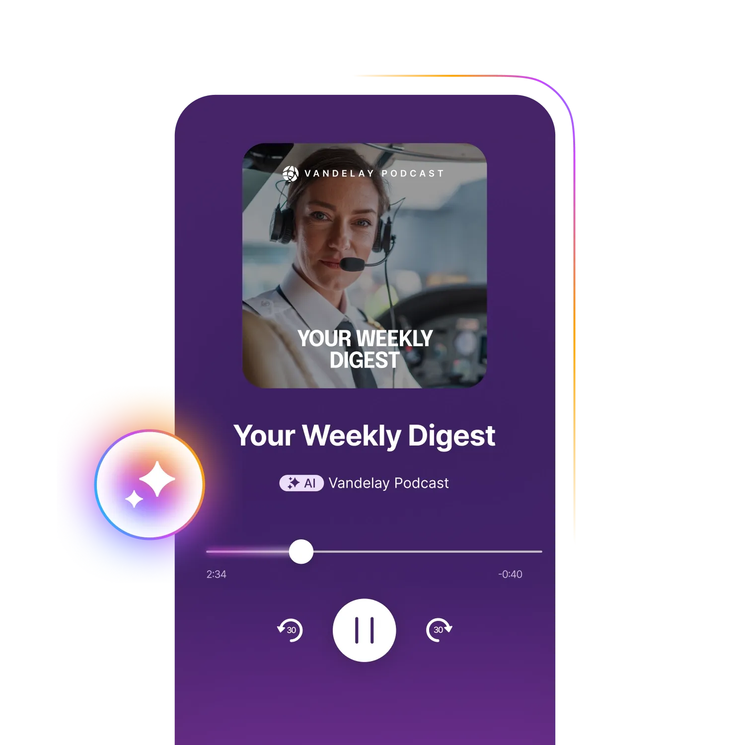 Podcast app interface showing "Your Weekly Digest" episode with a woman wearing a headset. Playback controls are visible below.