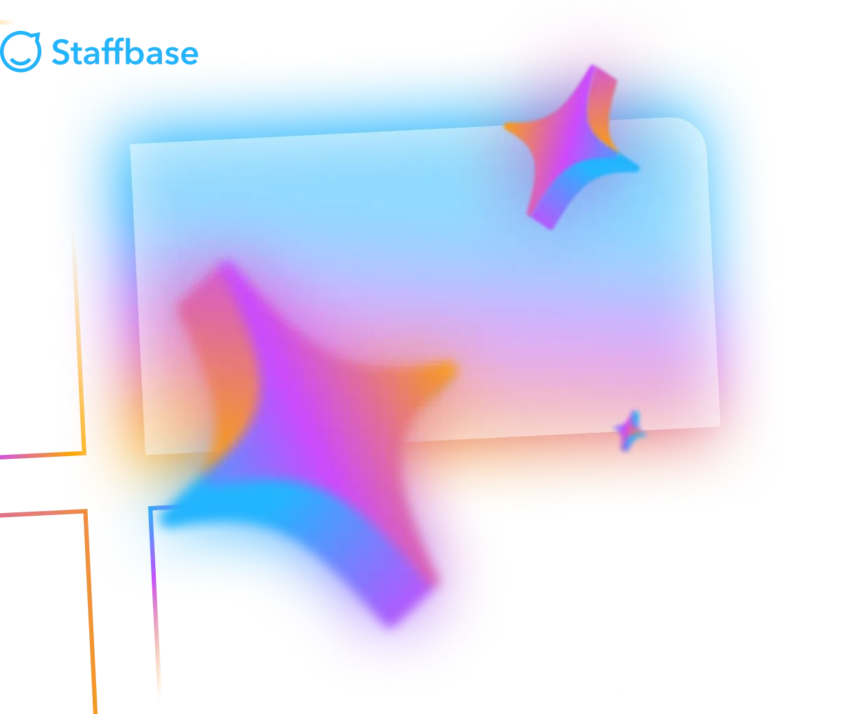 Colorful gradient shapes and stars overlay a rectangular frame with a blue background.