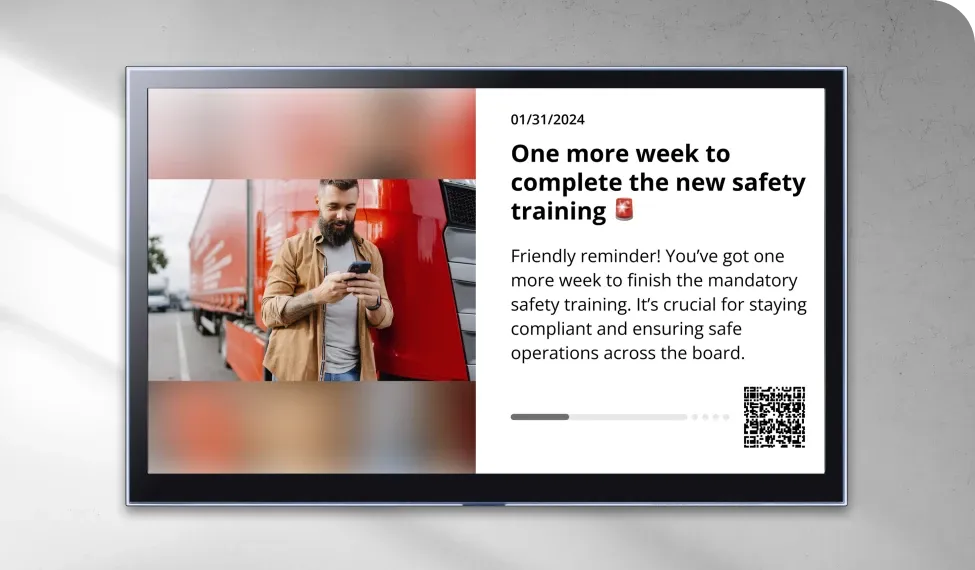 Digital notice about safety training deadline with a man using a phone near a red truck and a QR code for more information.
