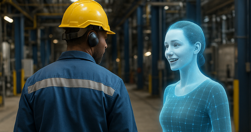 A worker talks to a holographic figure in an industrial setting