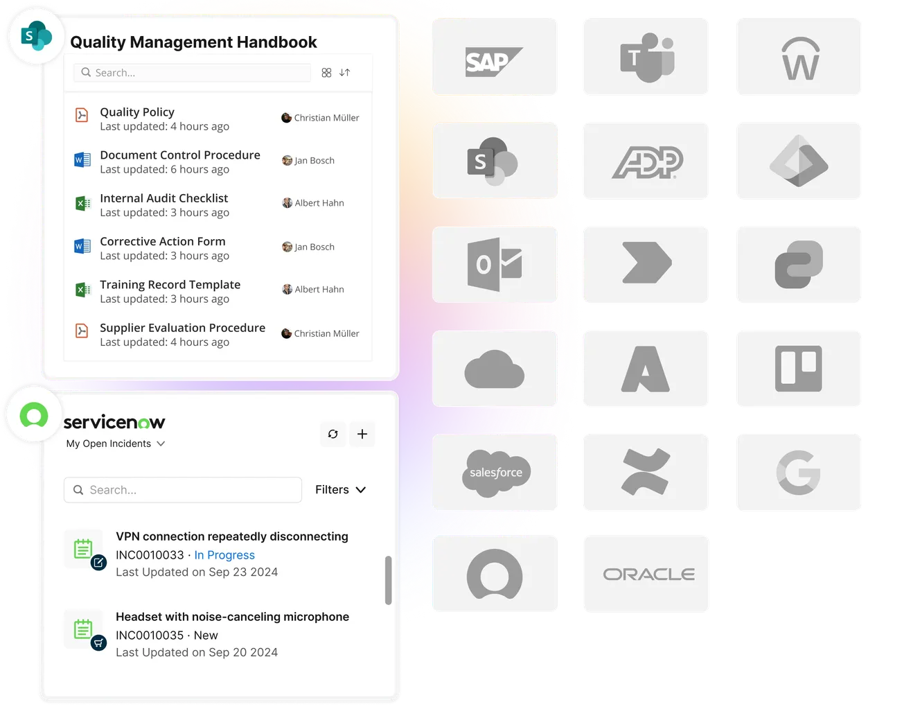 Interface showing a Quality Management Handbook with document updates, logos of various companies, and a ServiceNow section with open incidents.