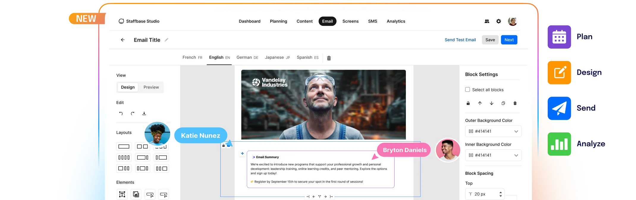 Email design software interface showing a template editor with text, image, and layout options. User comments are visible on the design.