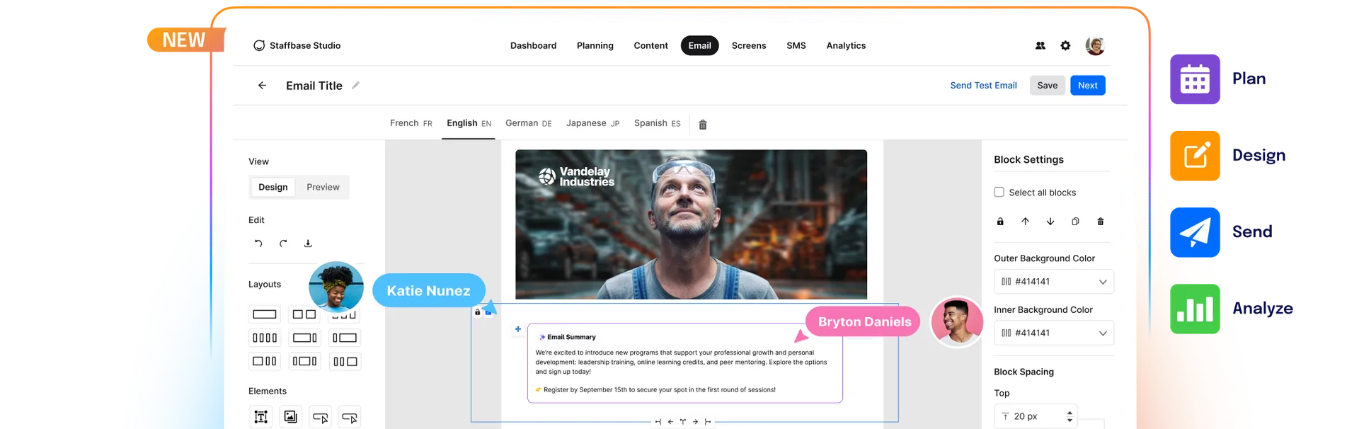 Email design software interface showing a template editor with text, image, and layout options. User comments are visible on the design.